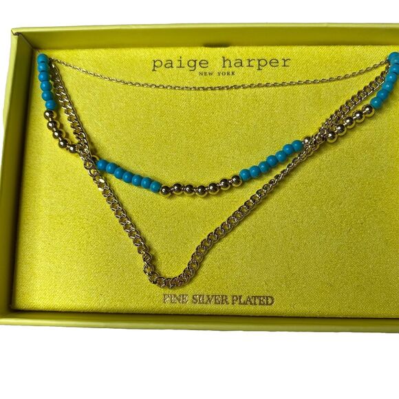 Paige Harper Turquoise Gold Circle Beaded Necklace Fine Silver Plated New in box - Picture 3 of 4